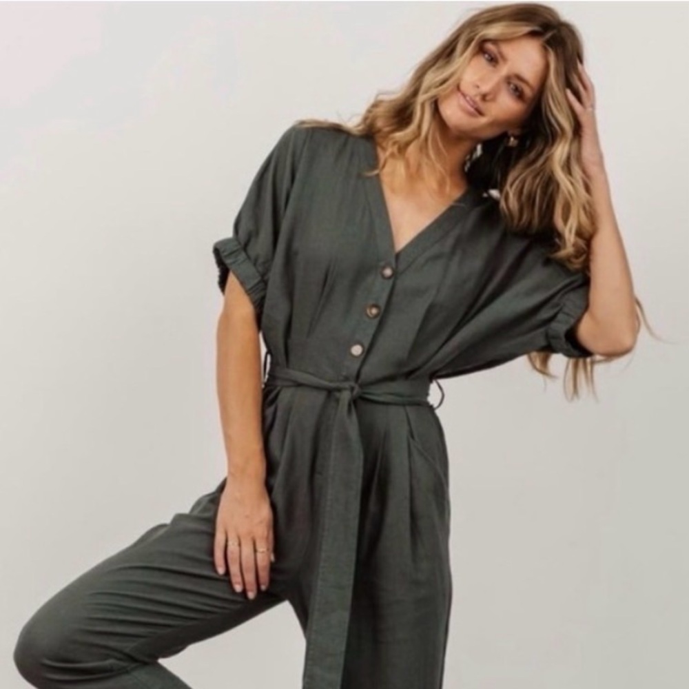 Baltic Born Button-Front V-Neck Utility Jumpsuit in Olive